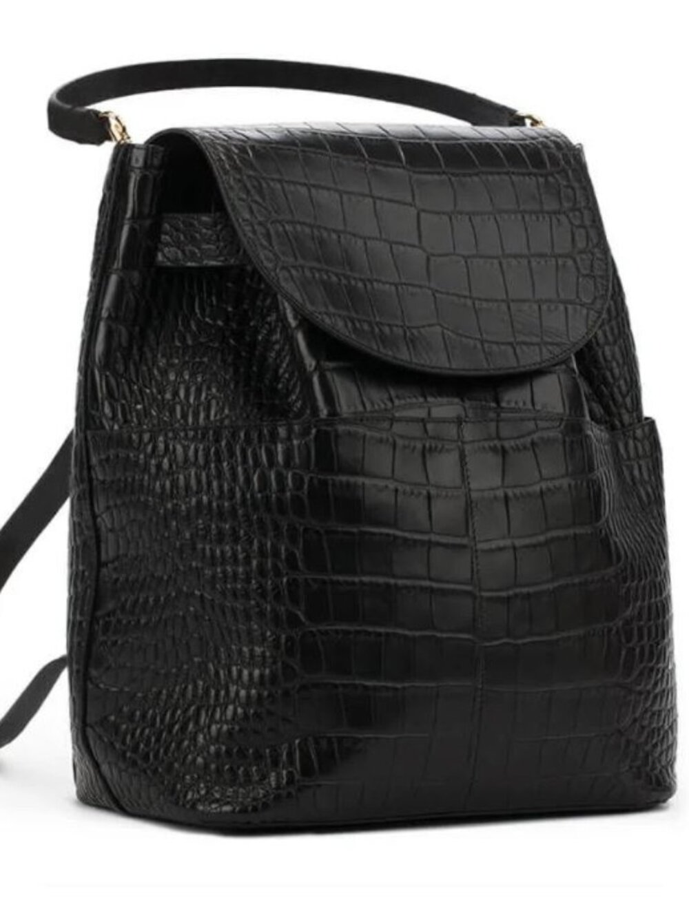 Cuyana Black Croc-Embossed Leather Convertible Backpack with Gold Hardware